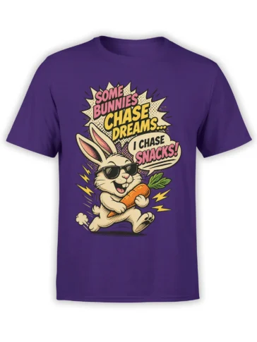 Purple rabbit T-shirt with a sunglasses-wearing bunny running with a carrot and chasing snacks