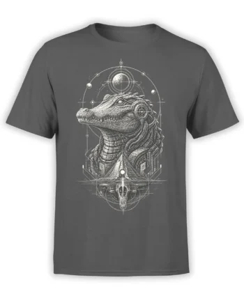 Detailed cosmic crocodile graphic with planets, orbital symbols, and pyramids on a gray T-shirt