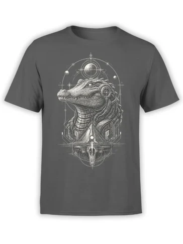 Detailed cosmic crocodile graphic with planets, orbital symbols, and pyramids on a gray T-shirt