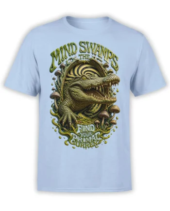 Surreal crocodile graphic with mushrooms, hypnotic stripes, and dripping green lettering on a light blue T-shirt