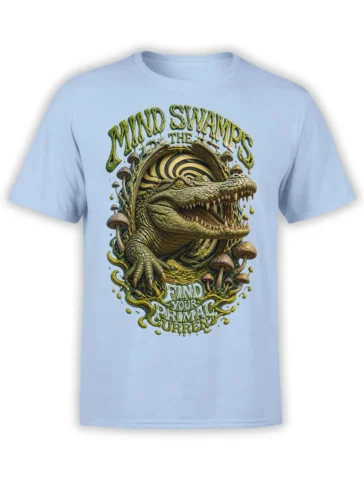 Surreal crocodile graphic with mushrooms, hypnotic stripes, and dripping green lettering on a light blue T-shirt