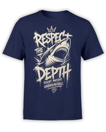 Crowned shark graphic with “Respect the Depth” lettering on a navy shark T-shirt