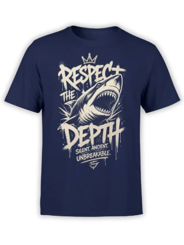 Crowned shark graphic with “Respect the Depth” lettering on a navy shark T-shirt