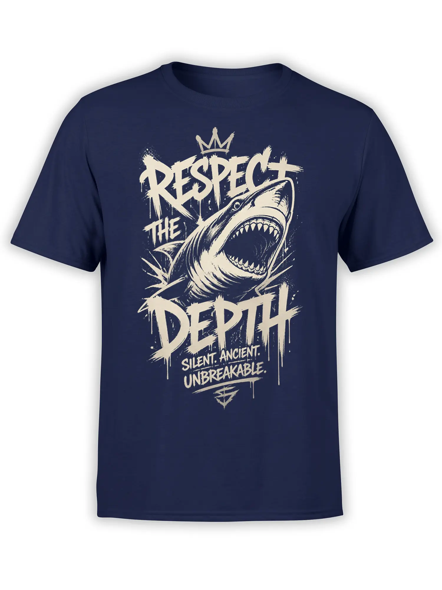 Crowned shark graphic with “Respect the Depth” lettering on a navy shark T-shirt