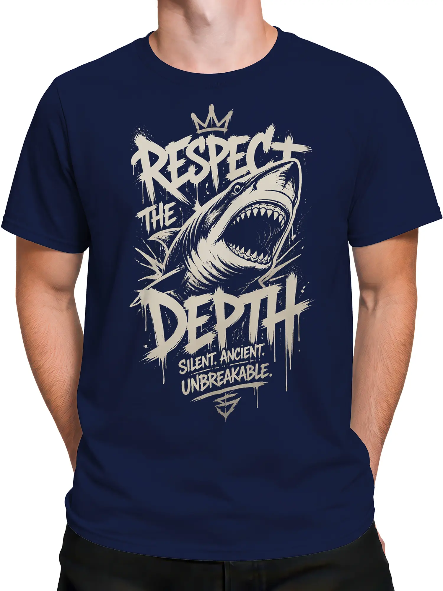Male torso wearing a navy shark T-shirt with crowned ocean predator artwork