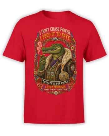 Ornate vintage crocodile portrait with ambition quotes and floral details on a red T-shirt