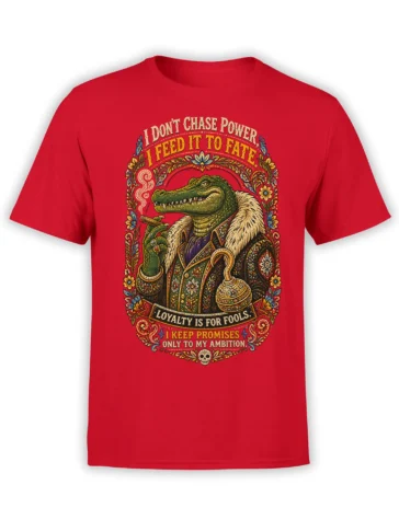 Ornate vintage crocodile portrait with ambition quotes and floral details on a red T-shirt
