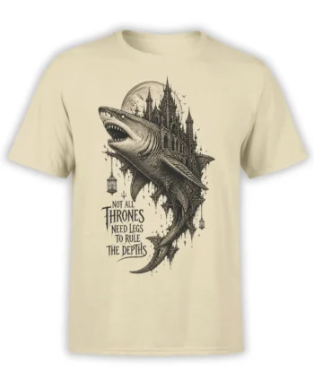 Beige shark T-shirt with a gothic castle, full moon, hanging lanterns, and dark throne-themed text