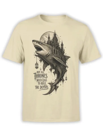 Beige shark T-shirt with a gothic castle, full moon, hanging lanterns, and dark throne-themed text