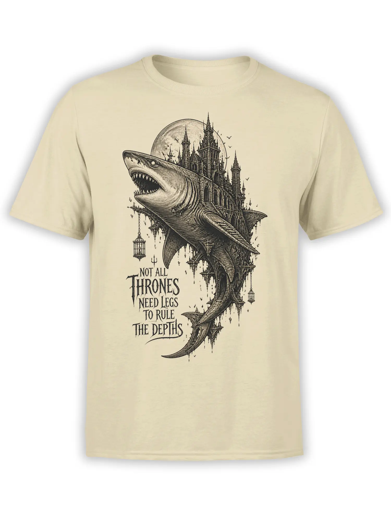 Beige shark T-shirt with a gothic castle, full moon, hanging lanterns, and dark throne-themed text