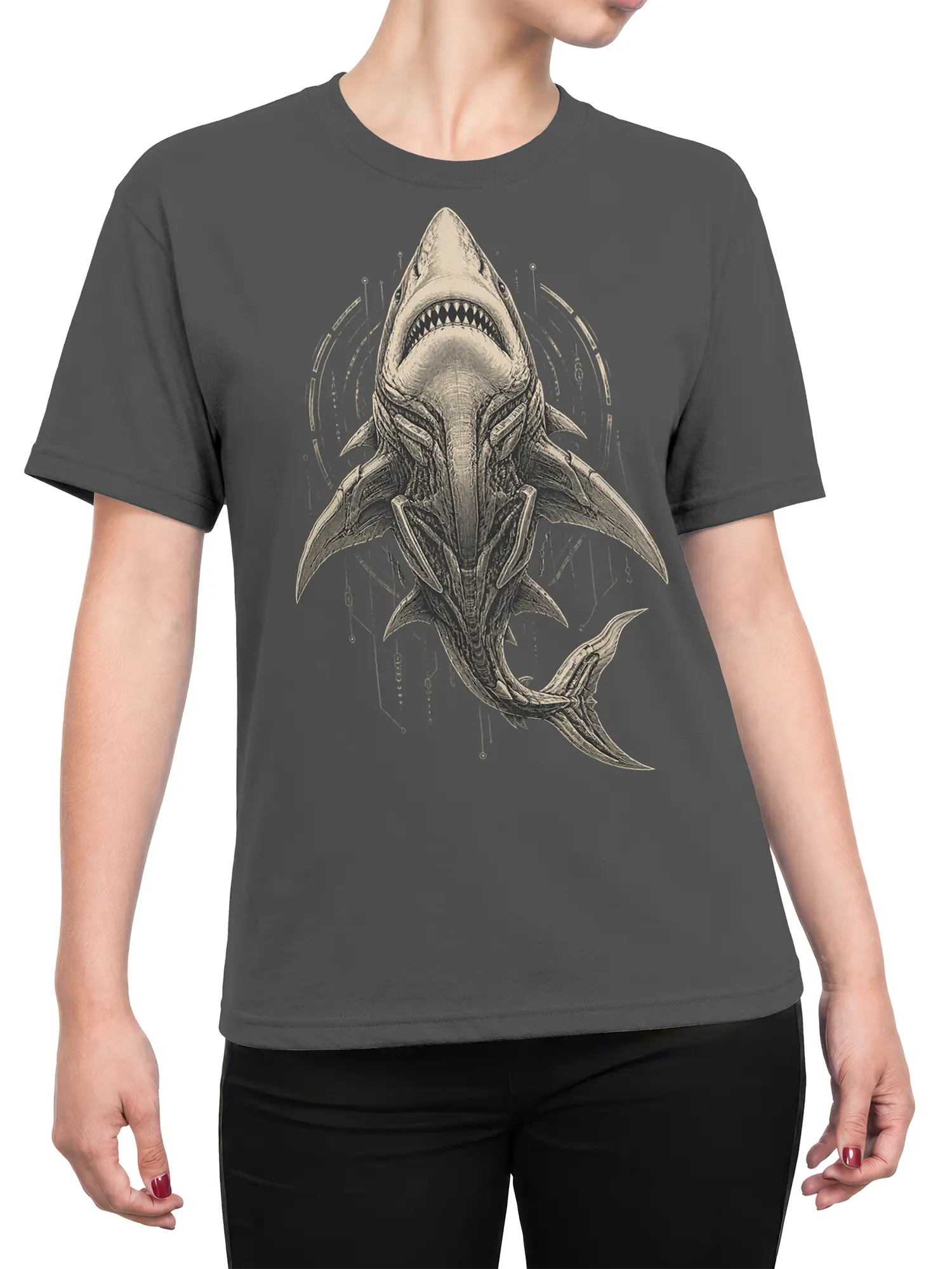 Female torso wearing a dark gray T-shirt with a large detailed shark and circuit-style graphic