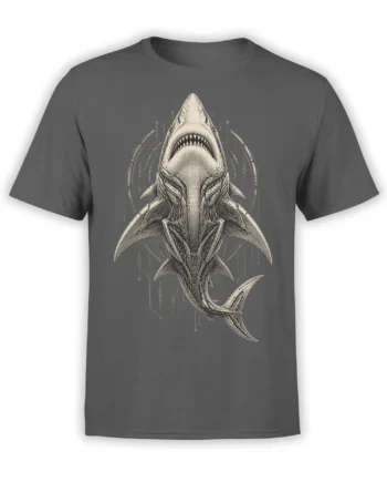 Dark gray T-shirt with a detailed engraved-style shark and circuit-like artwork on the front