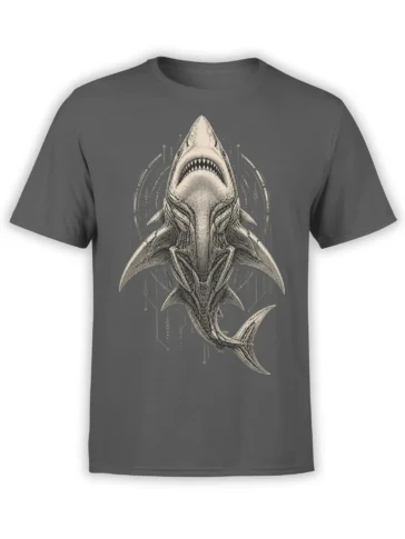 Dark gray T-shirt with a detailed engraved-style shark and circuit-like artwork on the front