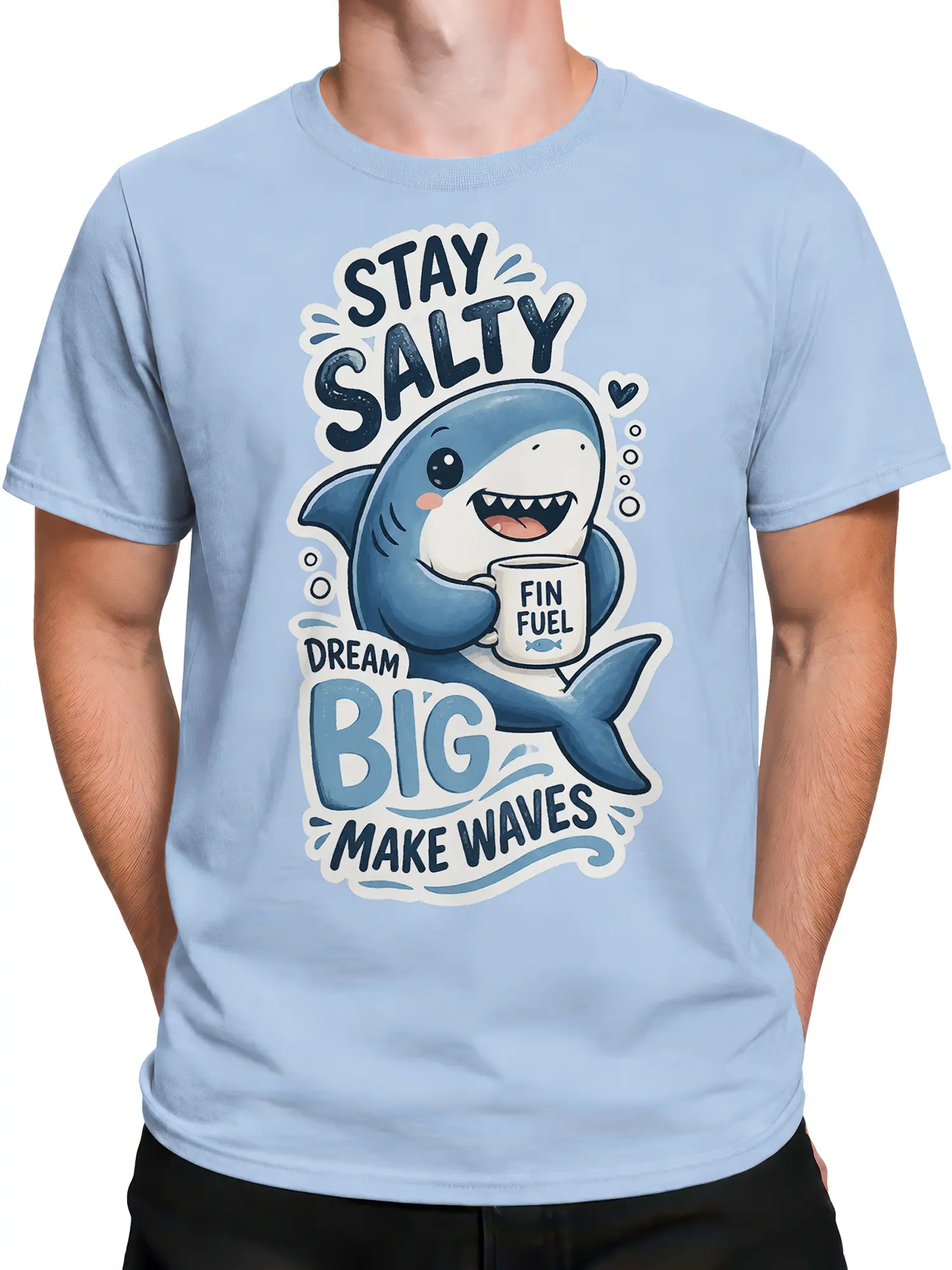 Male torso wearing a light blue shark T-shirt with FIN FUEL ocean graphic