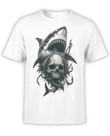 White T-shirt with a black-and-white shark, skull, and fishing hook nautical horror design