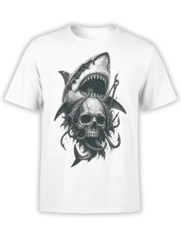 White T-shirt with a black-and-white shark, skull, and fishing hook nautical horror design