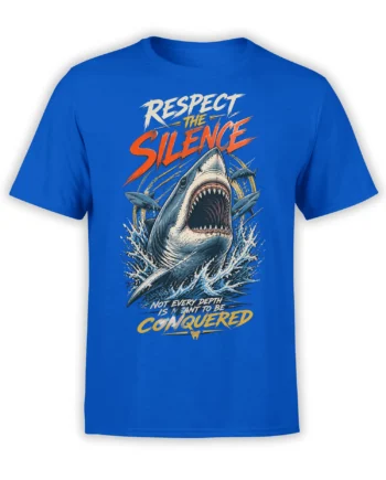 Blue T-shirt with a fierce shark bursting through ocean waves and “Respect the Silence” artwork
