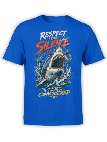 Blue T-shirt with a fierce shark bursting through ocean waves and “Respect the Silence” artwork