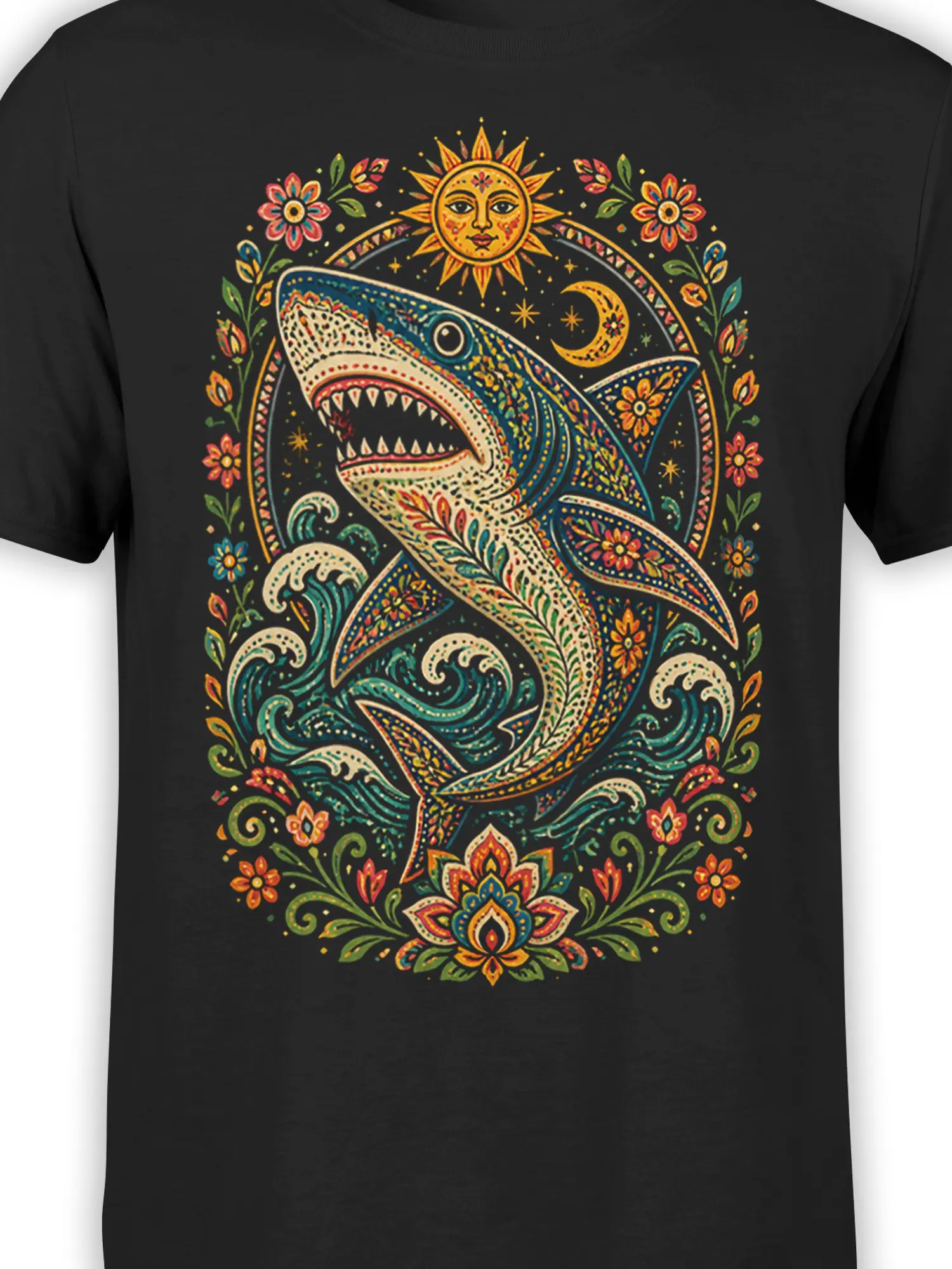 Close-up of the ornamental shark design with colorful waves, flowers, sun, and crescent moon on black fabric