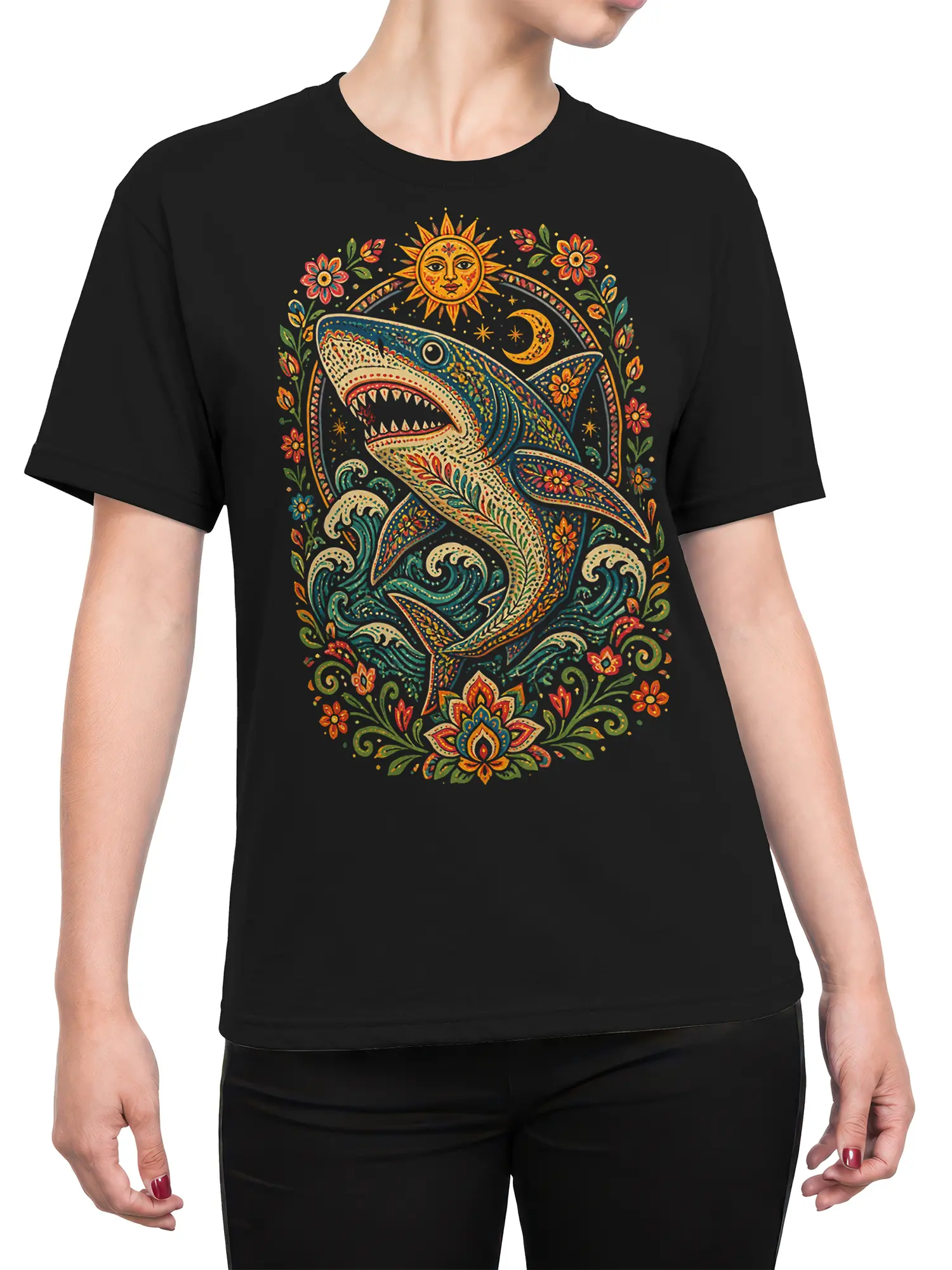 Female torso wearing a black shark T-shirt with colorful folk-art waves, flowers, sun, and crescent moon
