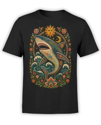 Black T-shirt with an ornamental shark swimming through waves beneath a sun and crescent moon