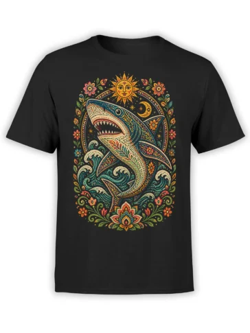 Black T-shirt with an ornamental shark swimming through waves beneath a sun and crescent moon