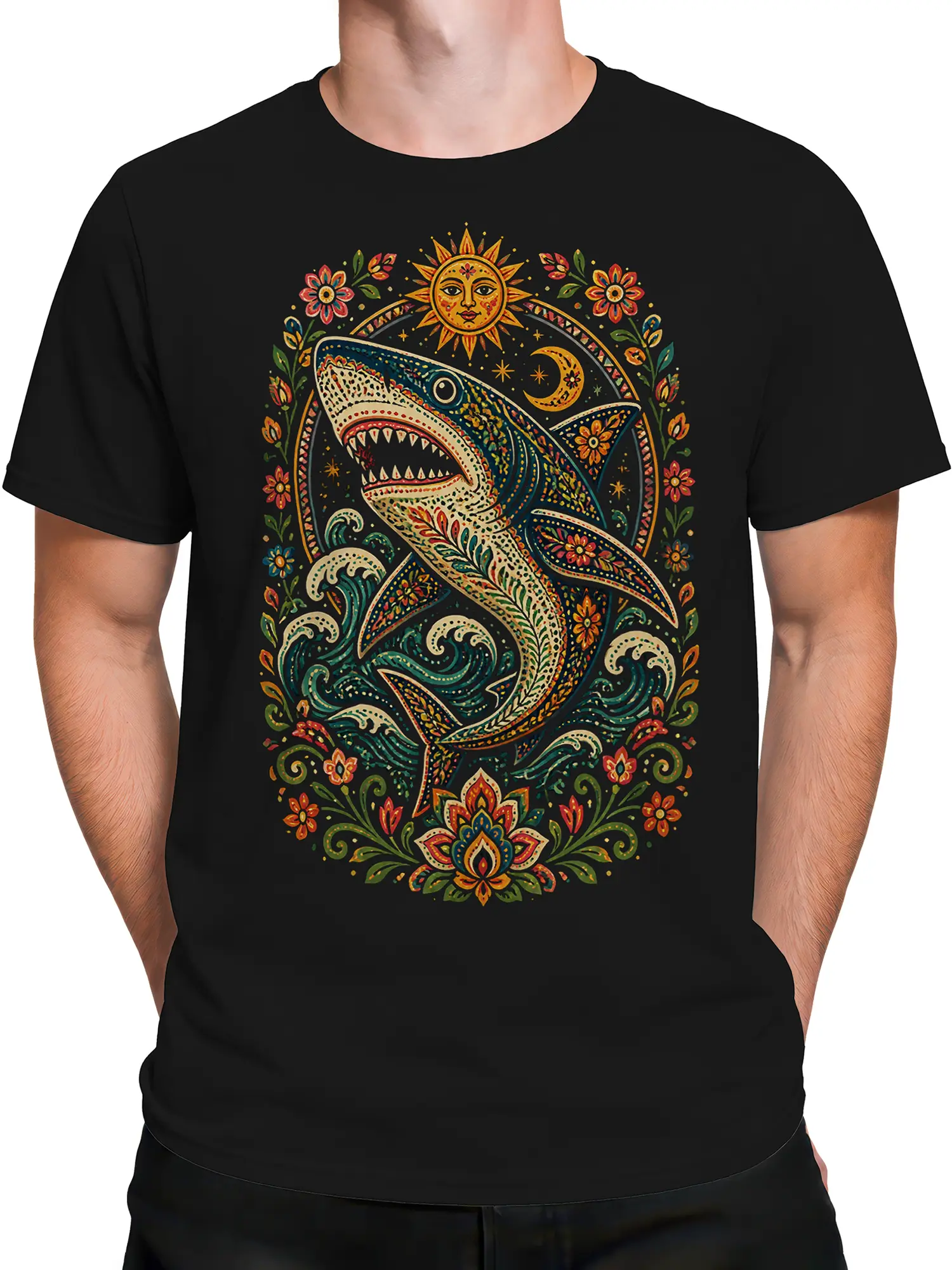 Male torso wearing a black ornamental shark T-shirt with colorful ocean and celestial artwork