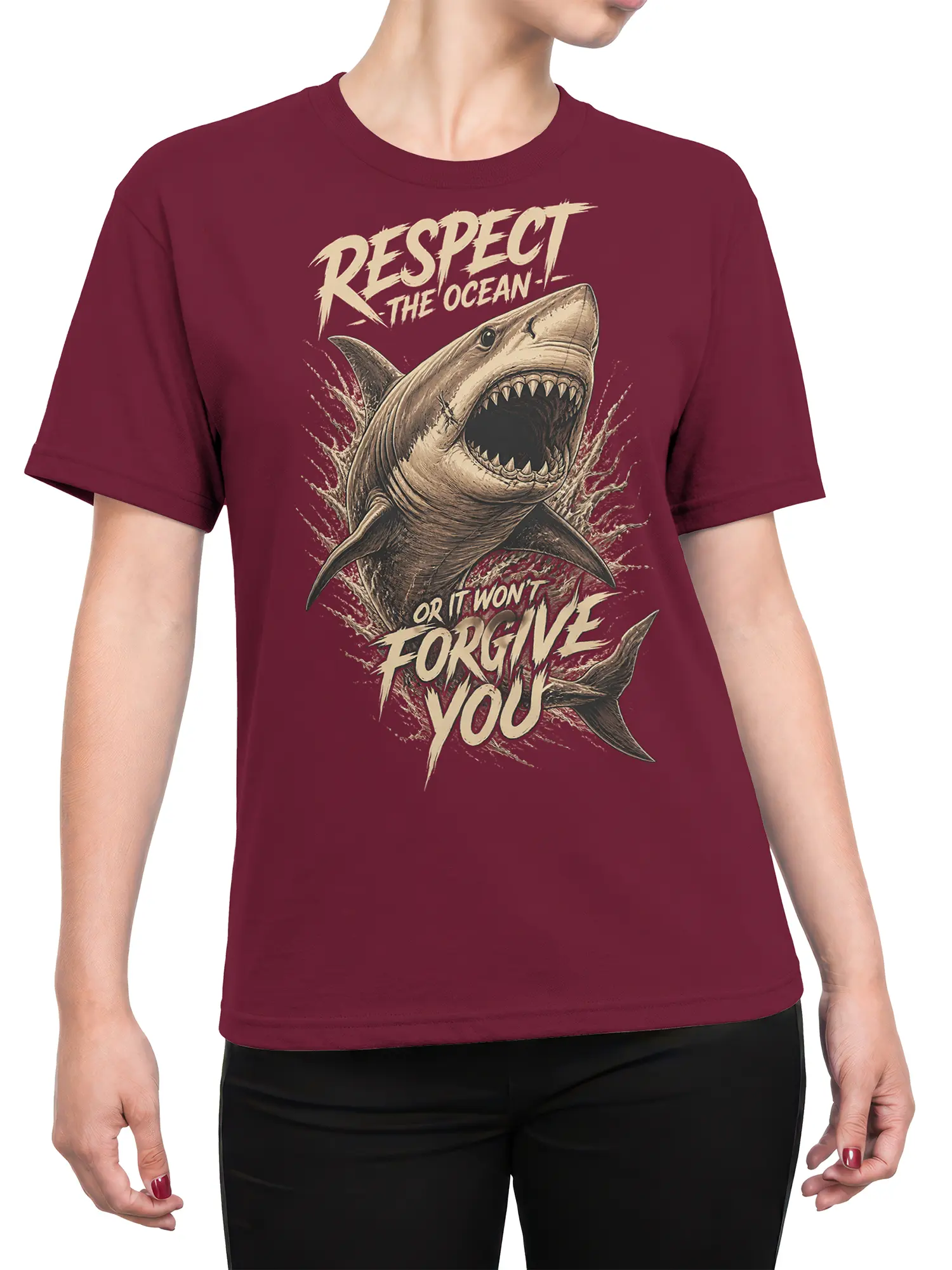 Female torso wearing a burgundy T-shirt with a menacing shark and ocean warning graphic