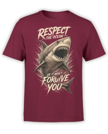 Menacing shark breaking through waves on a burgundy T-shirt with bold “Respect the Ocean” lettering