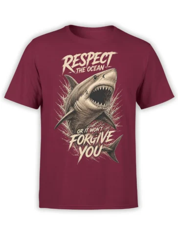 Menacing shark breaking through waves on a burgundy T-shirt with bold “Respect the Ocean” lettering