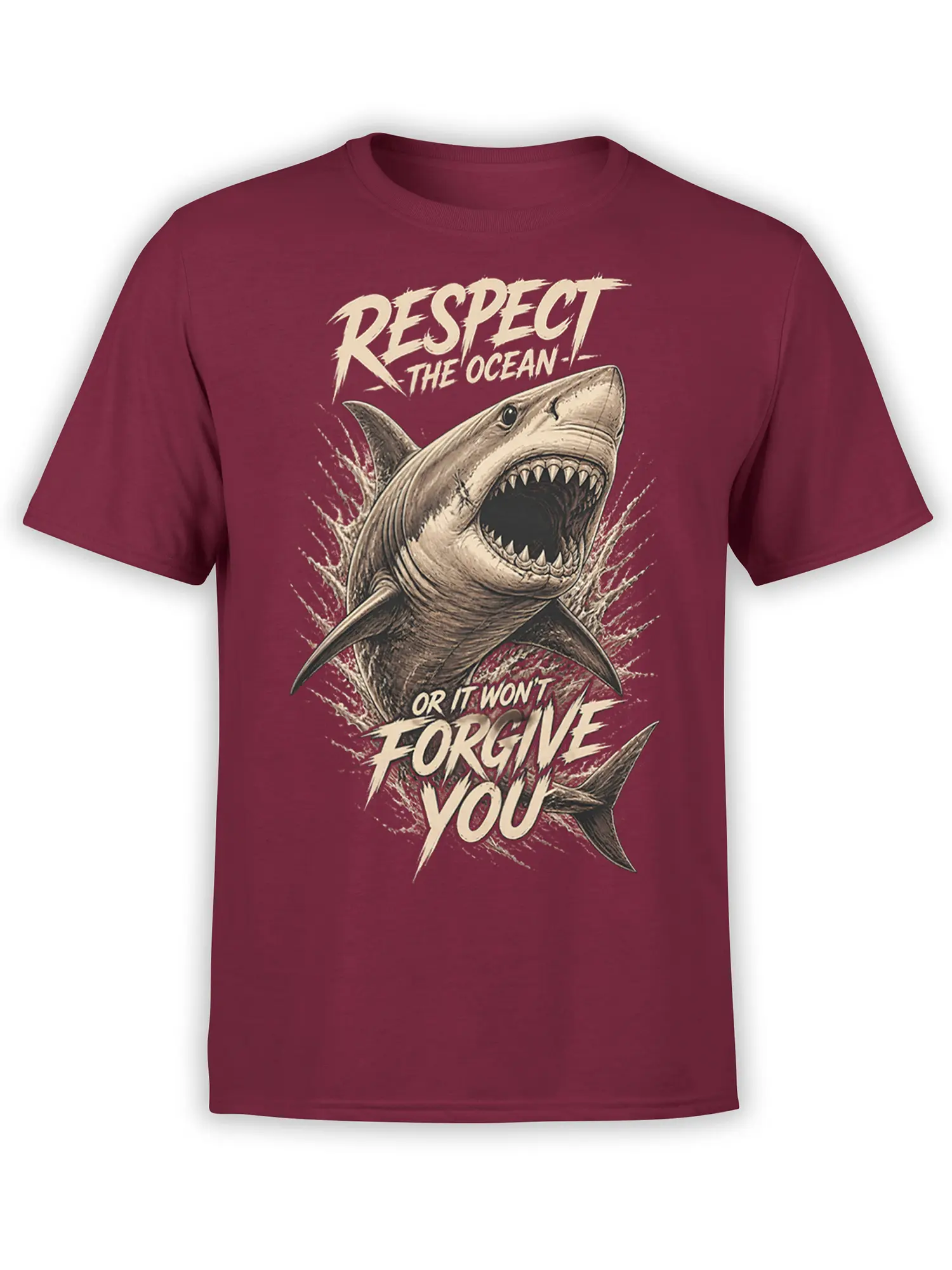 Menacing shark breaking through waves on a burgundy T-shirt with bold “Respect the Ocean” lettering