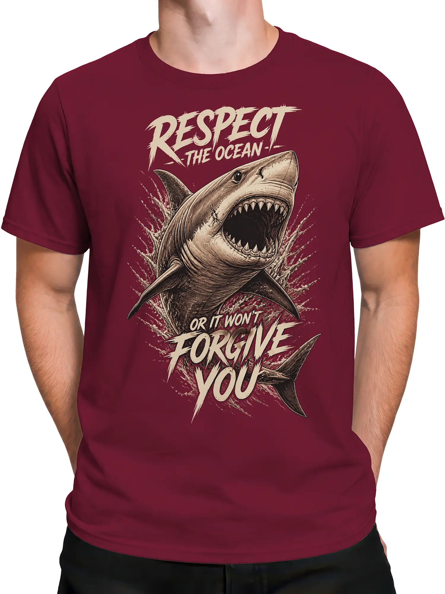 Male torso wearing a burgundy shark T-shirt with bold ocean respect artwork