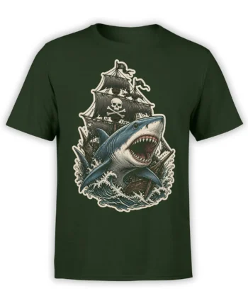 Vintage shark pirate ship graphic with skull and crossbones, crashing waves, and dark green shirt