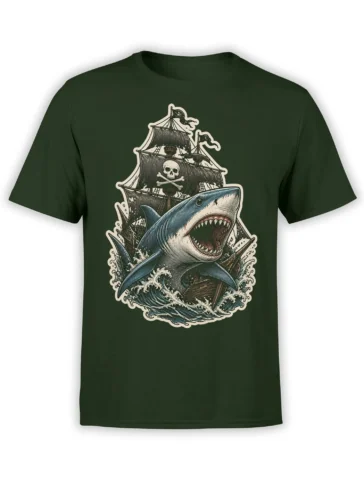 Vintage shark pirate ship graphic with skull and crossbones, crashing waves, and dark green shirt