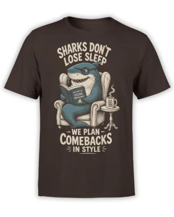 Brown shark T-shirt with a blue shark reading an ocean strategy book beside a steaming coffee mug