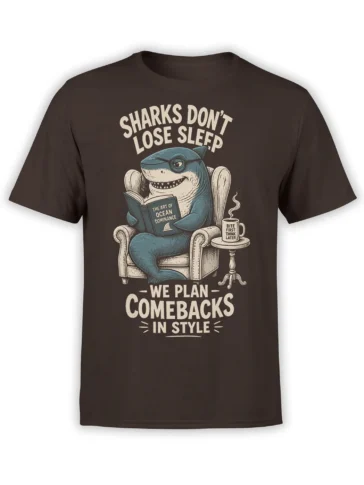 Brown shark T-shirt with a blue shark reading an ocean strategy book beside a steaming coffee mug