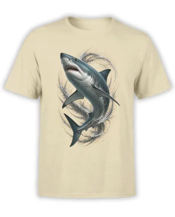 Shark cutting through swirling waves on a beige graphic T-shirt with vintage-style artwork