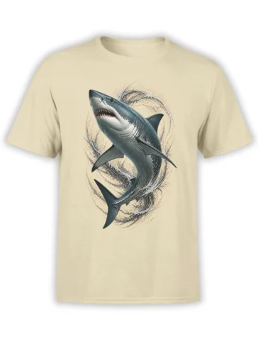 Shark cutting through swirling waves on a beige graphic T-shirt with vintage-style artwork