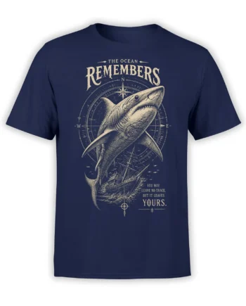 Front view of navy shark T-shirt with compass, sailing ship, and “The Ocean Remembers” design