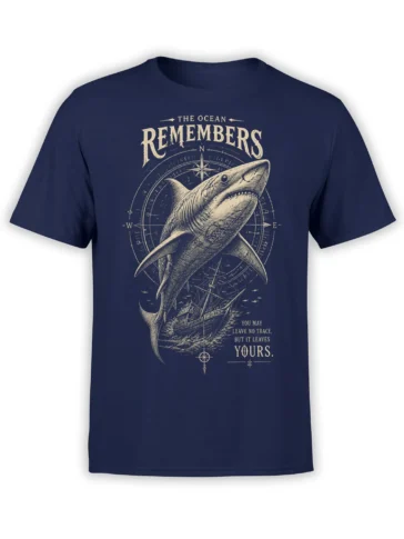 Front view of navy shark T-shirt with compass, sailing ship, and “The Ocean Remembers” design