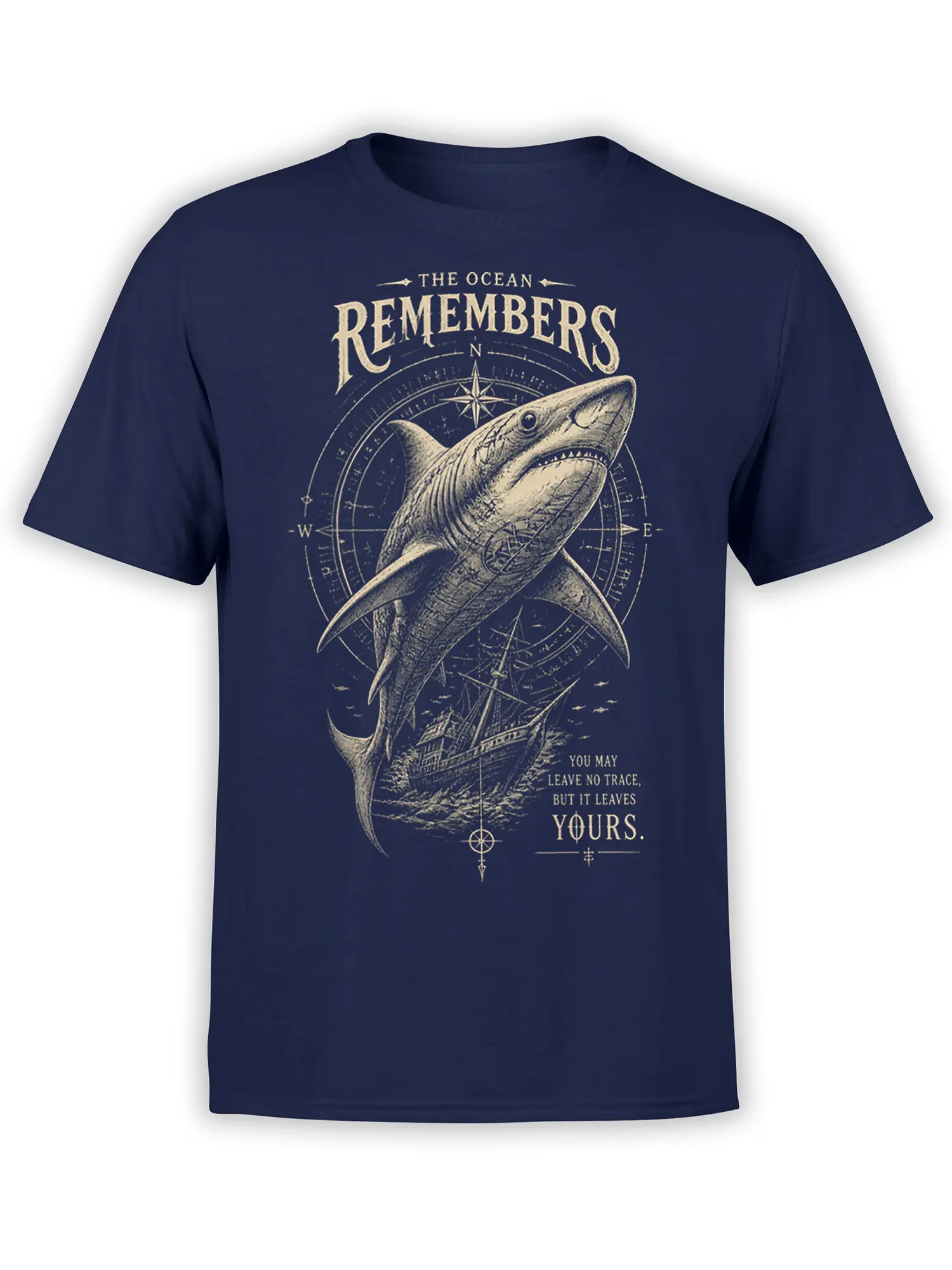 Front view of navy shark T-shirt with compass, sailing ship, and “The Ocean Remembers” design
