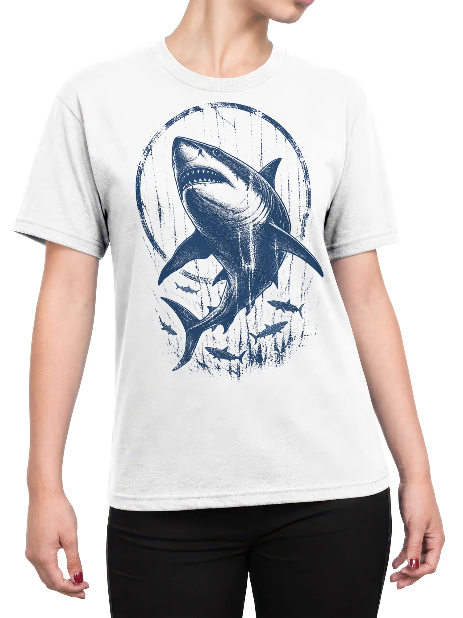 Female torso wearing a white shark T-shirt with bold distressed navy ocean artwork