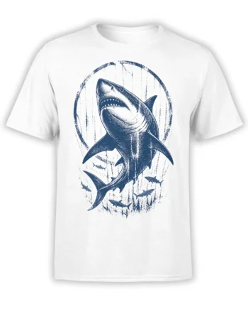 White T-shirt with a large distressed navy shark and smaller sharks in a circular underwater design