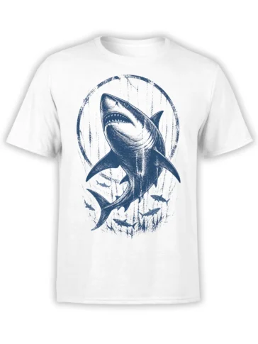 White T-shirt with a large distressed navy shark and smaller sharks in a circular underwater design