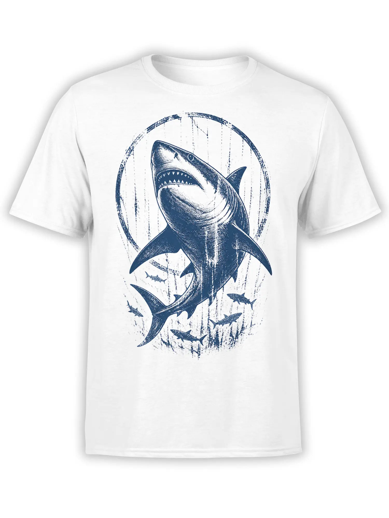 White T-shirt with a large distressed navy shark and smaller sharks in a circular underwater design