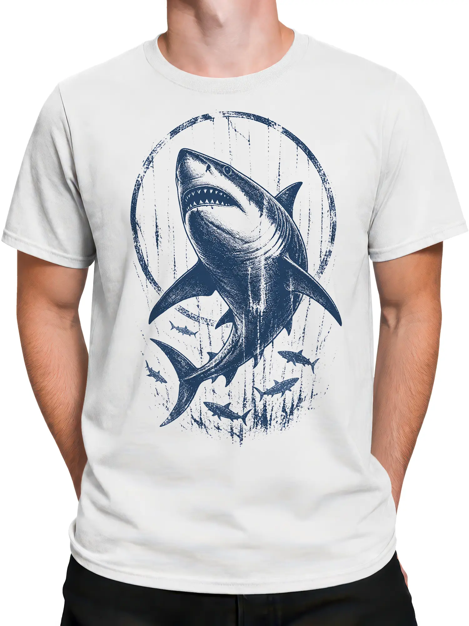Male torso wearing a white shark T-shirt with vintage distressed navy artwork
