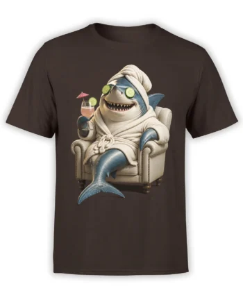 Brown T-shirt featuring a relaxed shark in a bathrobe with cucumber eyes and a pink cocktail
