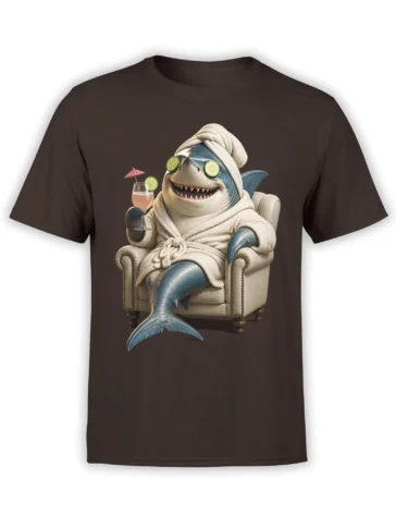 Brown T-shirt featuring a relaxed shark in a bathrobe with cucumber eyes and a pink cocktail