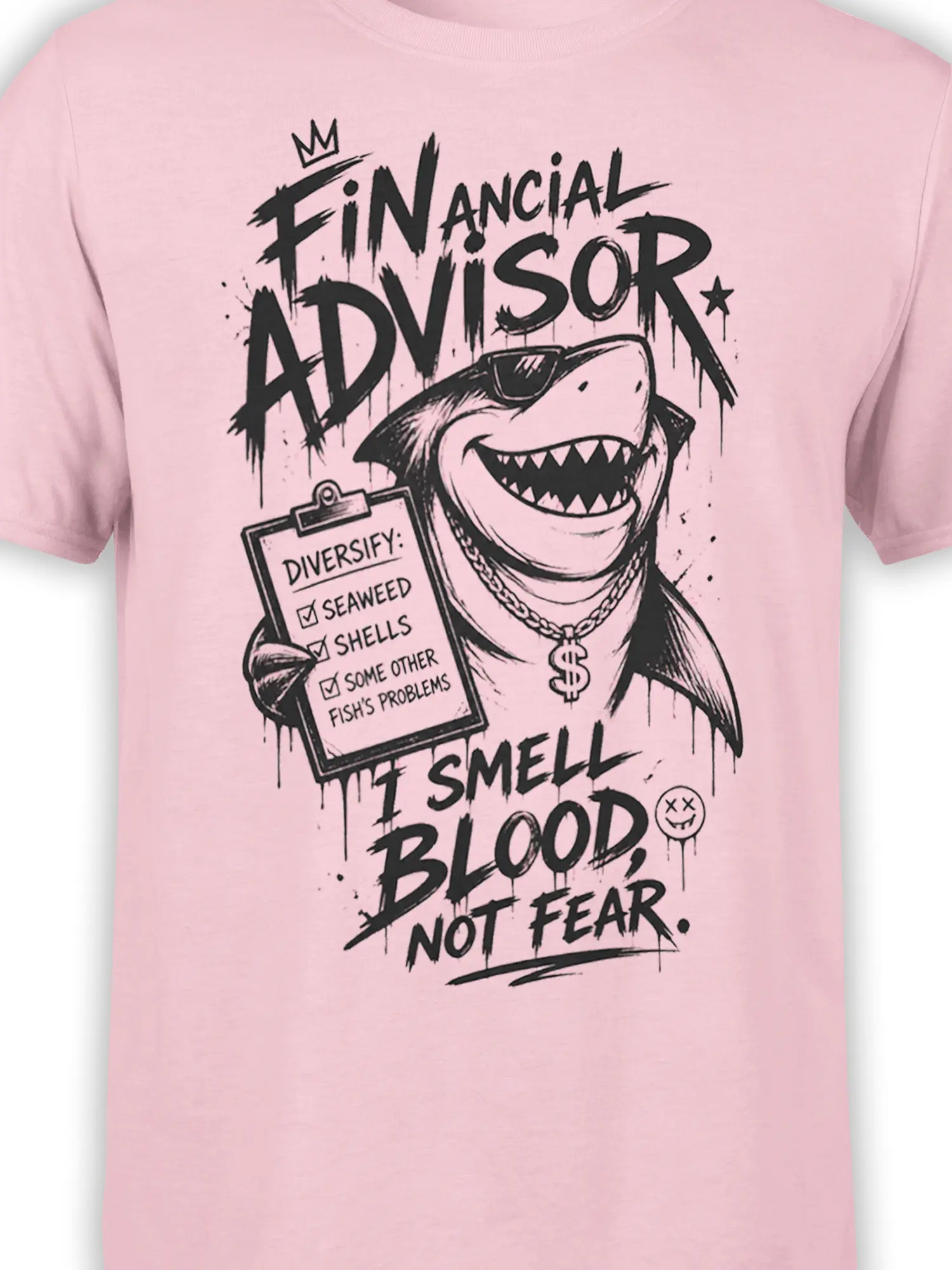 Close-up of the pink shark graphic showing the financial advisor text, sunglasses, clipboard, sharp teeth, and dollar pendant