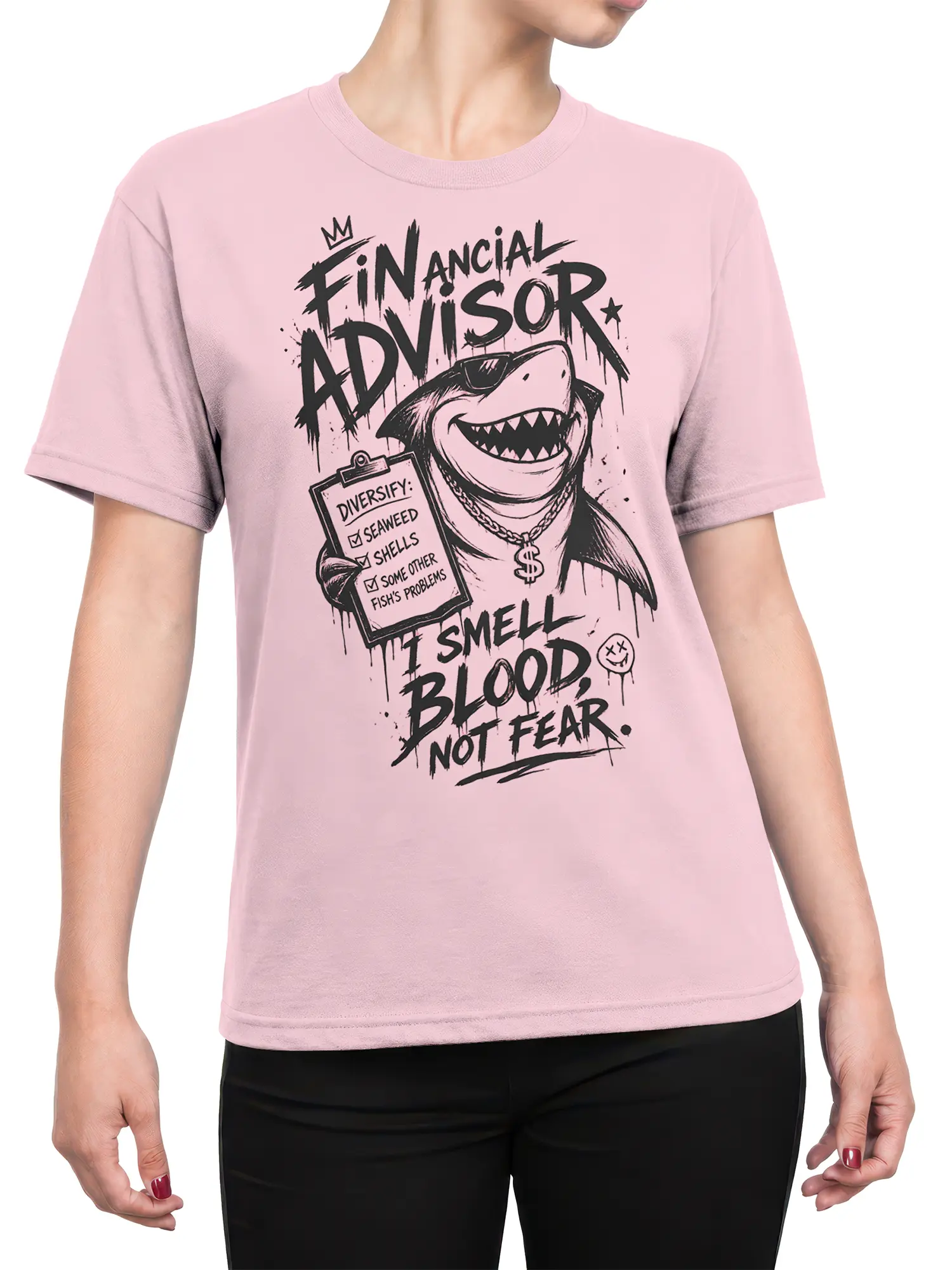 Female torso wearing a pink shark financial advisor T-shirt with bold black artwork, clipboard details, sunglasses, and dollar pendant